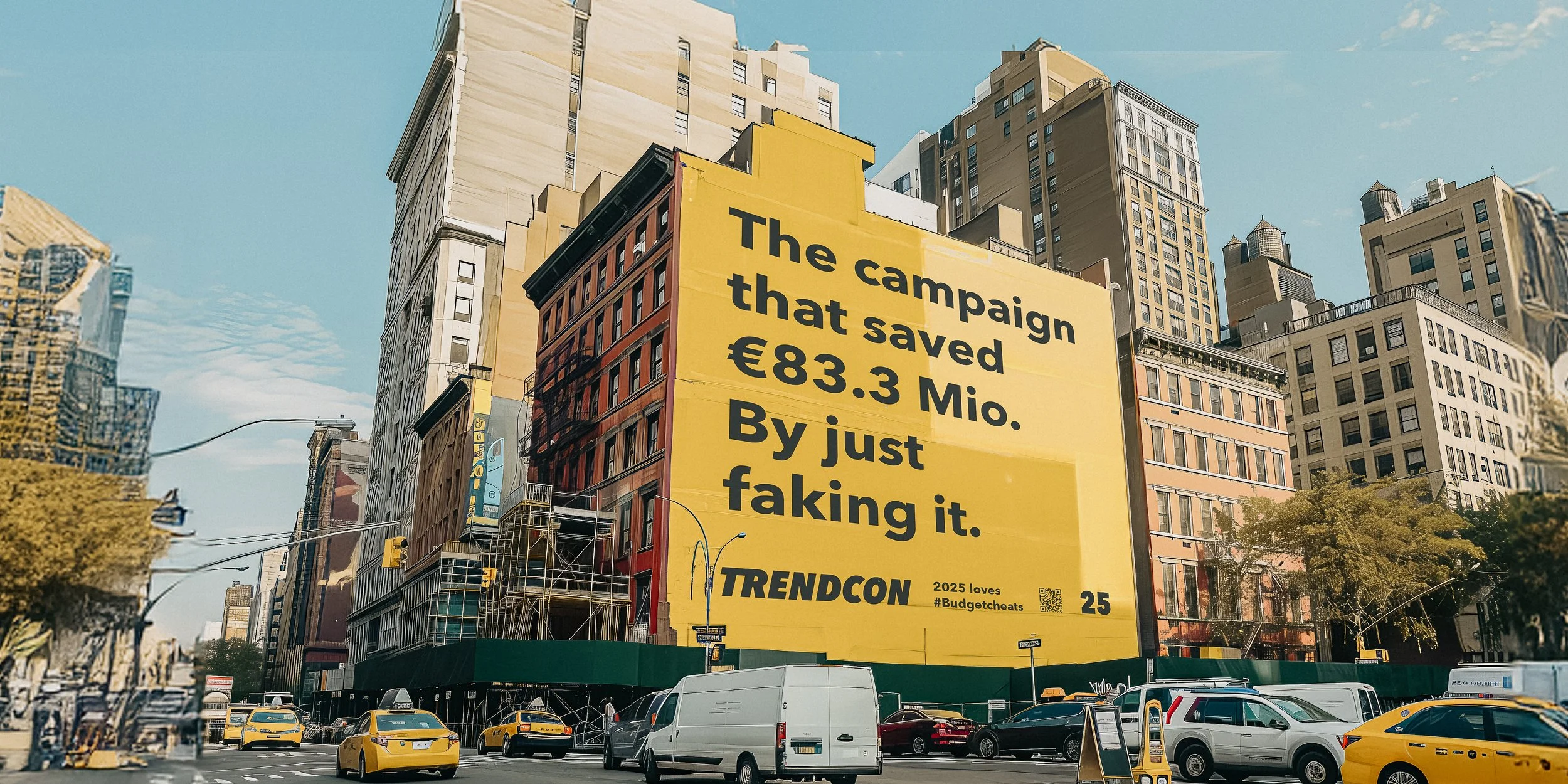 Großes gelbes Plakat in einer Stadt mit mehreren Gebäuden zeigt die Textbotschaft: "Die Campaign that saved 83,3 Mio. By just faking it." OFF/BRIEF; BDX Media, Trendcon.