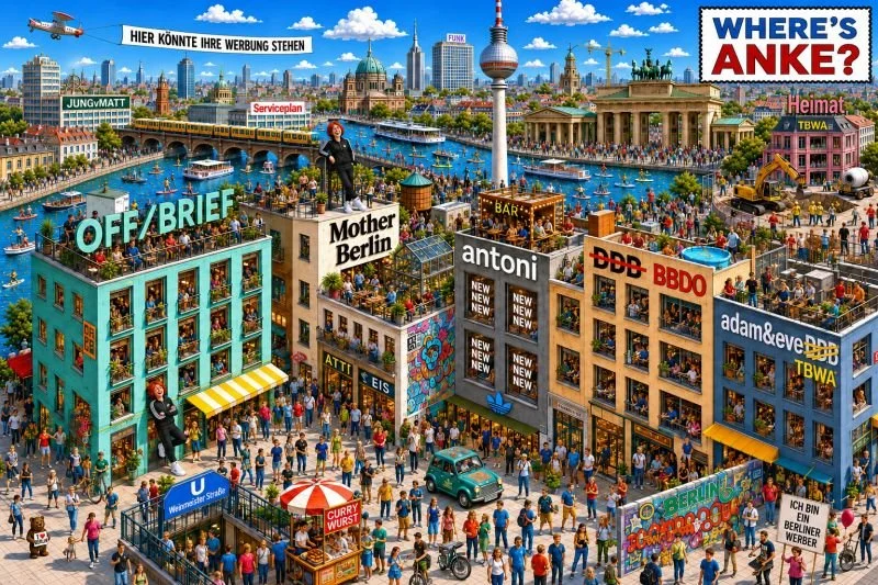 Anke Roell Ein illustratives Stadtbild von Berlin mit Plattenbauten, bekannten Wahrzeichen wie dem Fernsehturm im Hintergrund, zahlreichen Menschen. OFF/BRIEF