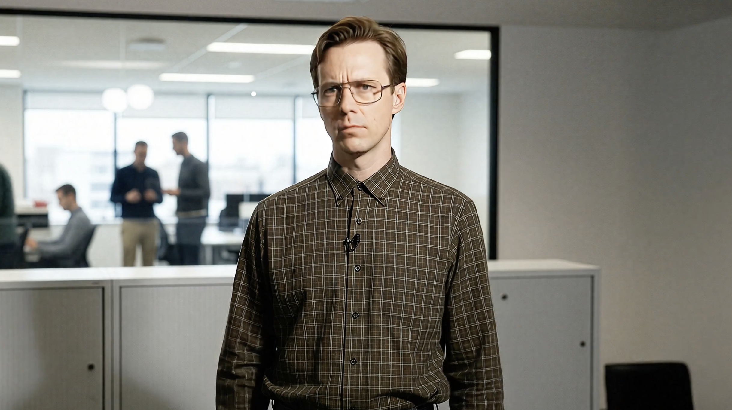 Mann in Brille trägt braunes Karo-Hemd in einem modernen Bürogebäude. Im Hintergrund sind mehrere Personen an Tischen und im Gespräch.