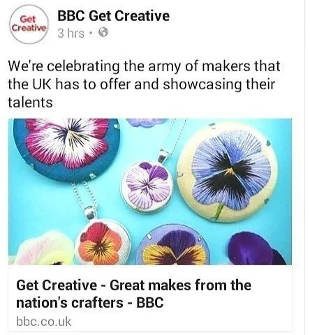 The BBC Get Creative website featured my embroidered pansy jewellery. The Get Creative Campaign was launched to encourage everyone to try a new skill and get creative.