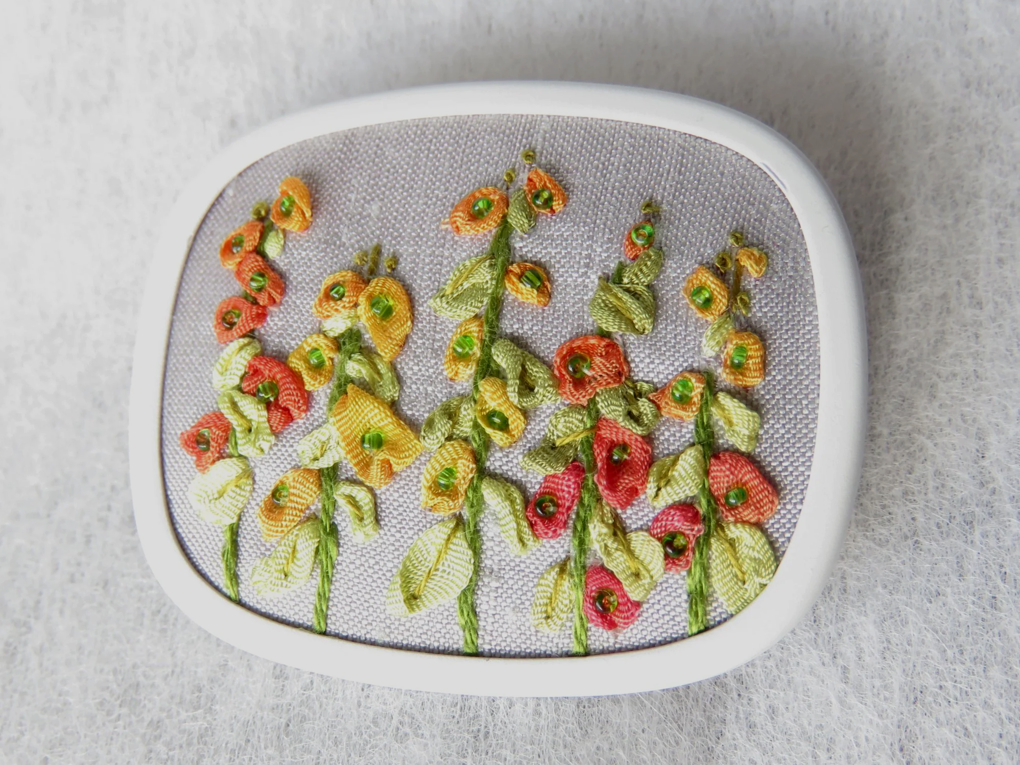 Ribbon embroidery hollyhock brooch. 