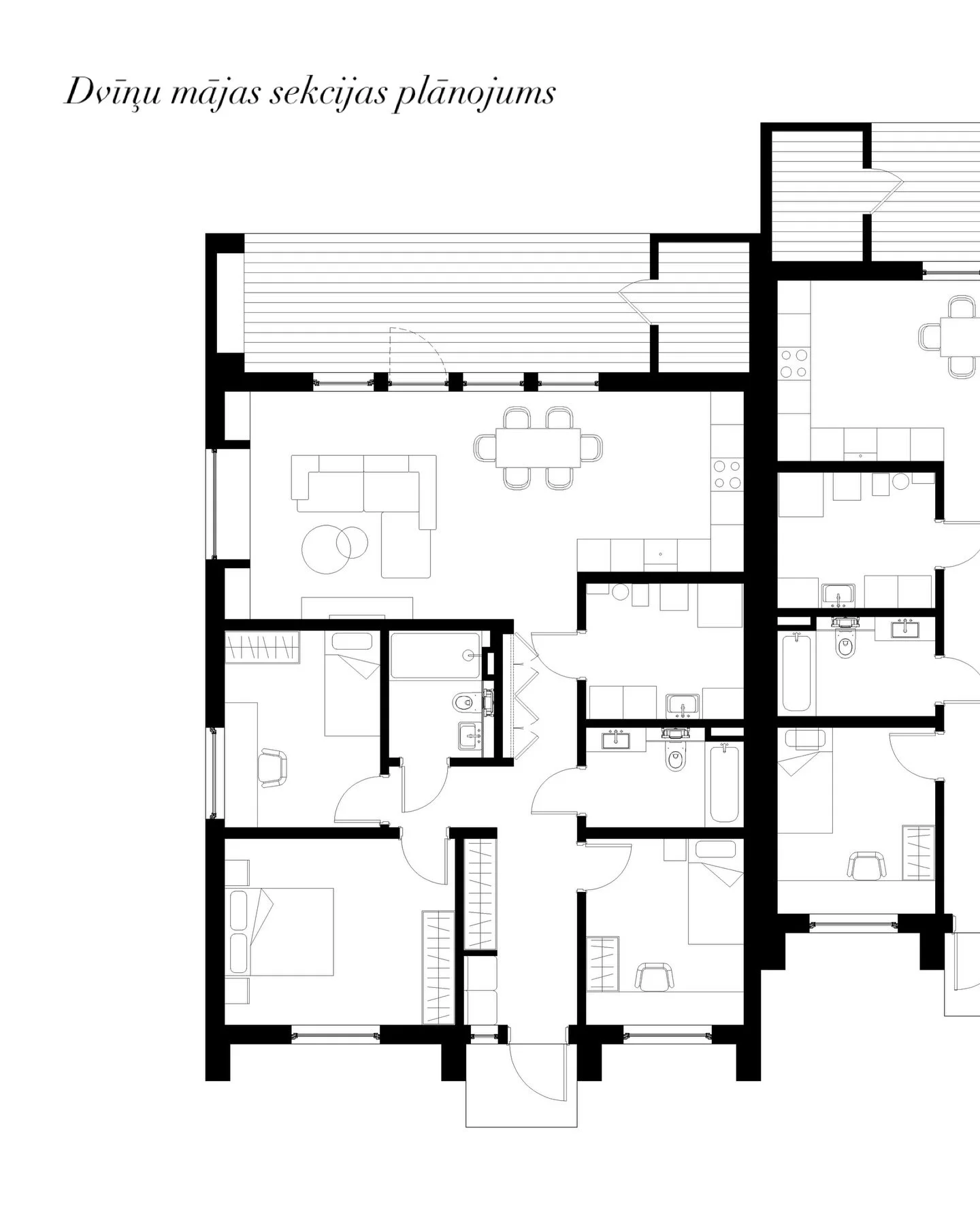 | 𝐃𝐯𝐢̄𝐧̧𝐮 𝐦𝐚̄𝐣𝐮 𝐩𝐥𝐚̄𝐧𝐨𝐣𝐮𝐦𝐬

Plānojot &scaron;o māju, svarīgākais bija radīt mierīgu ikdienas ritmu &mdash; dabisku gaismu, skatu uz mežu un telpu, kas organiski savienojas ar ārtelpu.

Dzīvojamā zona atveras uz meža pusi, kur rīta g