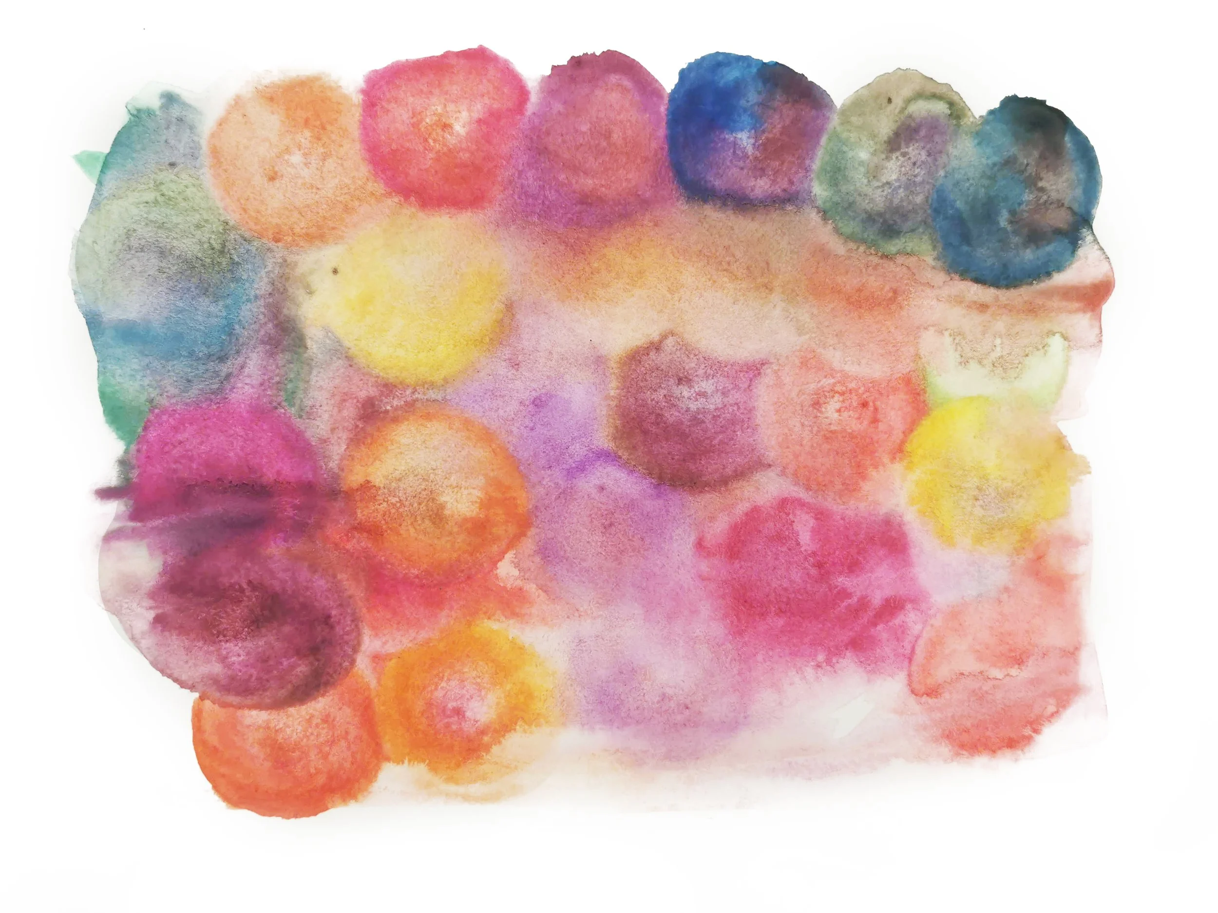 Abstract watercolor painting with multicolored circles and blobs in pink, purple, yellow, orange, blue, green, and gray hues.