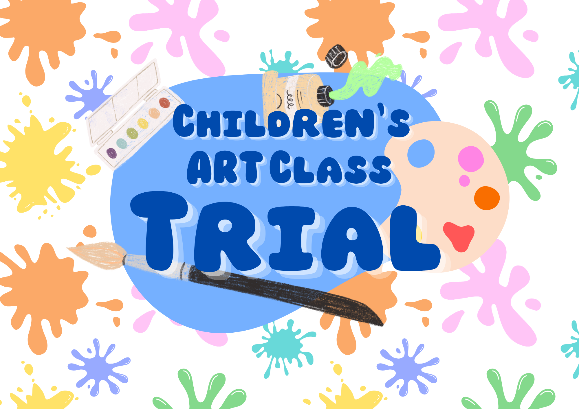 Bright yellow background with colorful abstract splashes, a hand holding a blue craft flower, a butterfly, and a ball, with black text reading 'Children's Art Class Trail Booking'.
