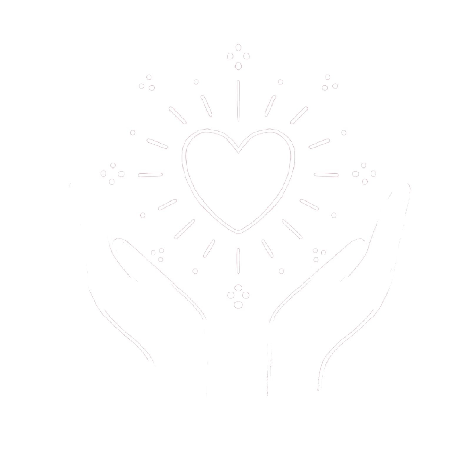 Outline drawing of two hands cupping a glowing heart with radiating lines and dots on a black background.