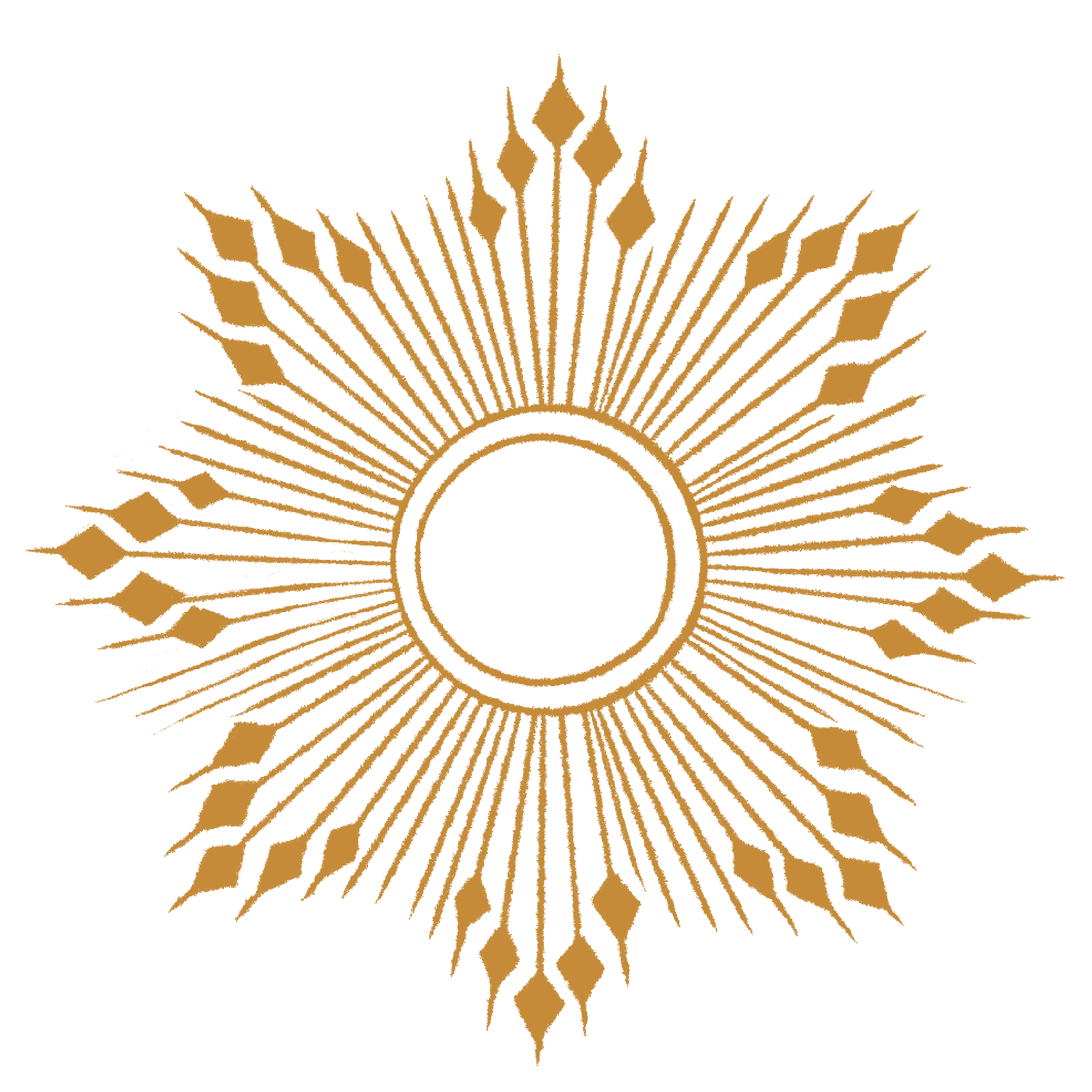 A gold, sunburst-style circular design with rays extending outward from a central empty circle, set against a black background.