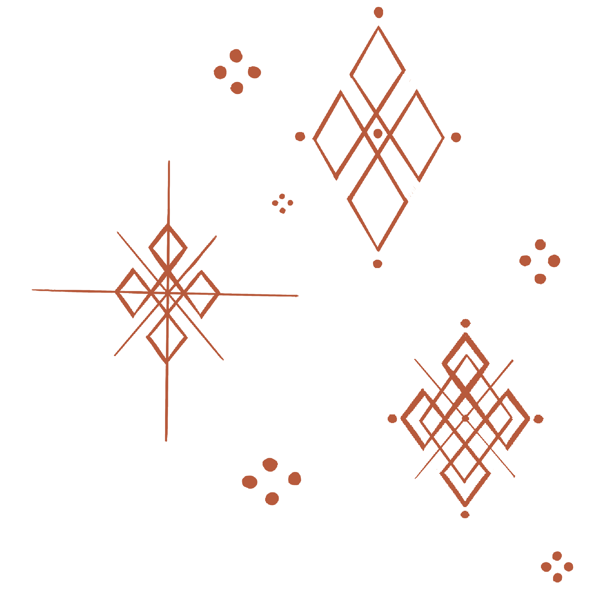 Geometric pattern with interconnected diamonds and lines in a copper color, scattered with small dots on a black background.