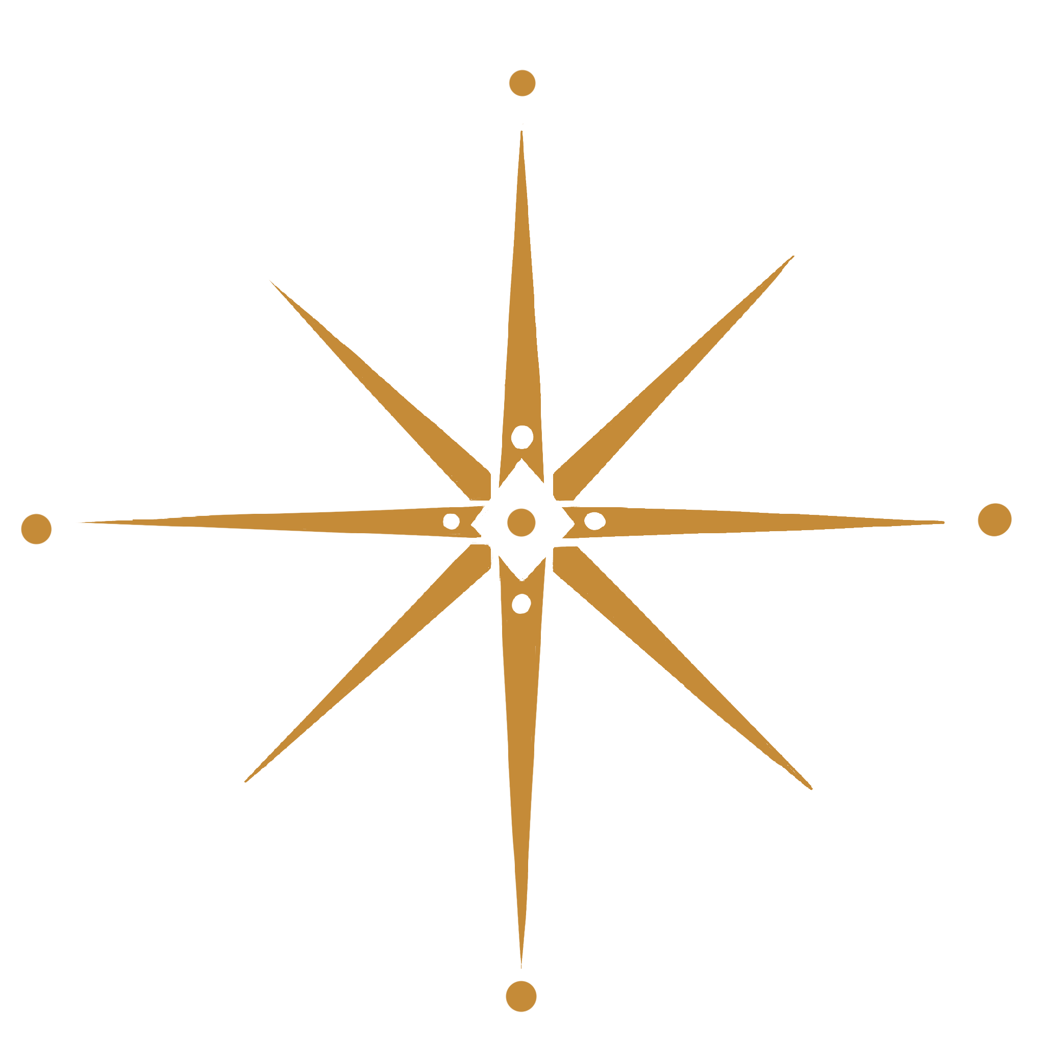 A gold and black compass rose with eight points on a black background.