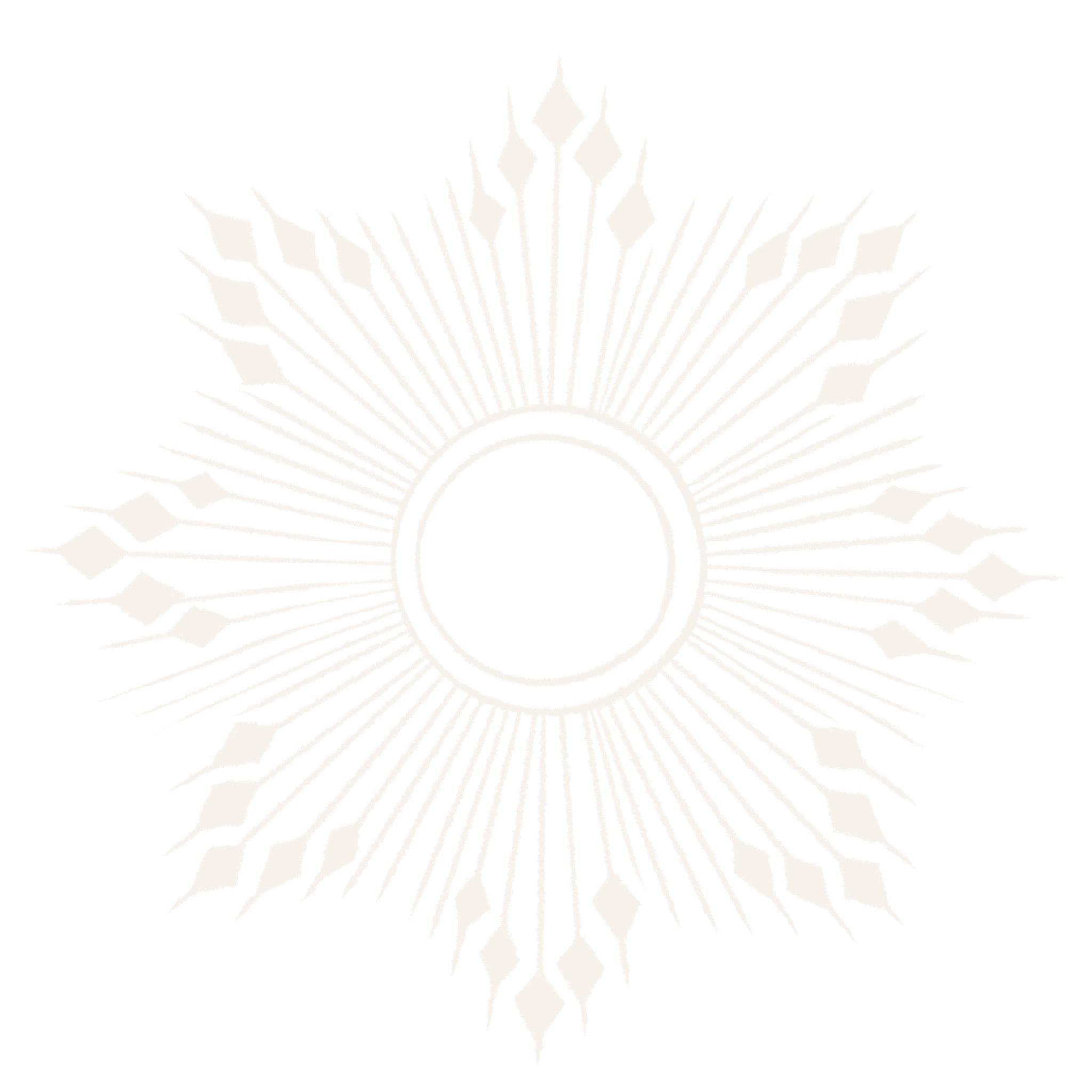 Black and white symmetrical geometric design resembling a star or sunburst with a circular center and radiating lines and shapes.