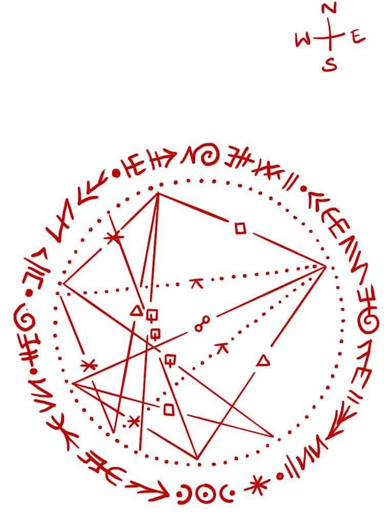 A circled, complex geometric sacred tattoo design with various lines, shapes, and symbols drawn in red, surrounded by a ring of text in an unknown script, and a small compass rose in the top right corner of the image.