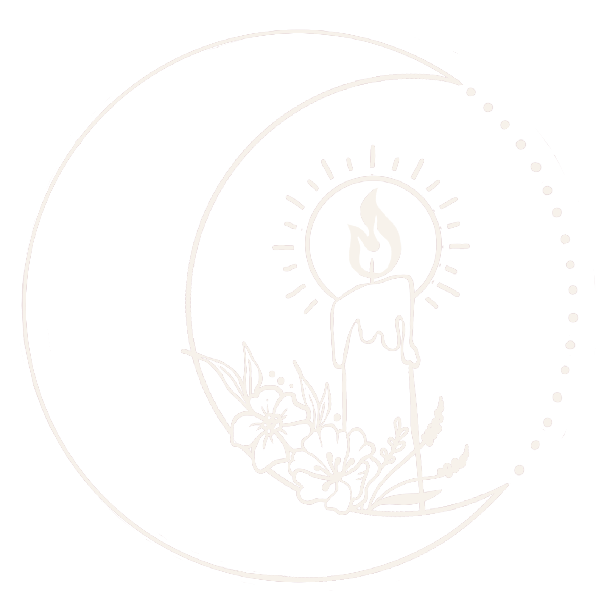 A minimalist line art illustration of a crescent moon, a candle with a flame, surrounded by flowers and foliage, with a circular halo of dots around the candle