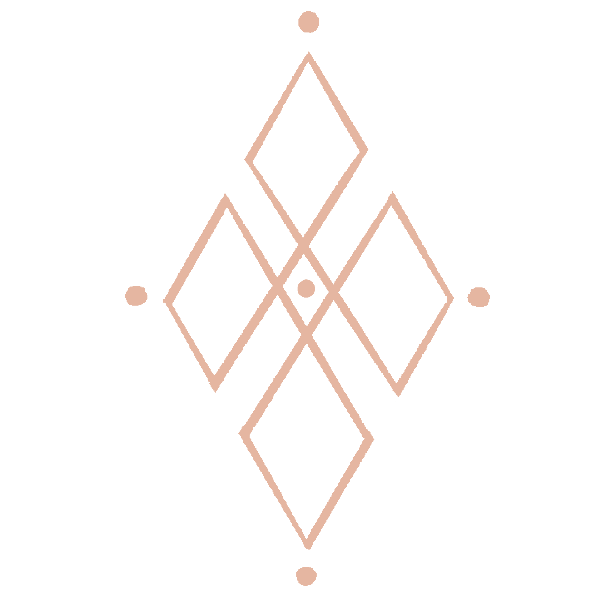 A geometric line art design featuring interconnected diamonds and dots, drawn with pink lines on a black background.