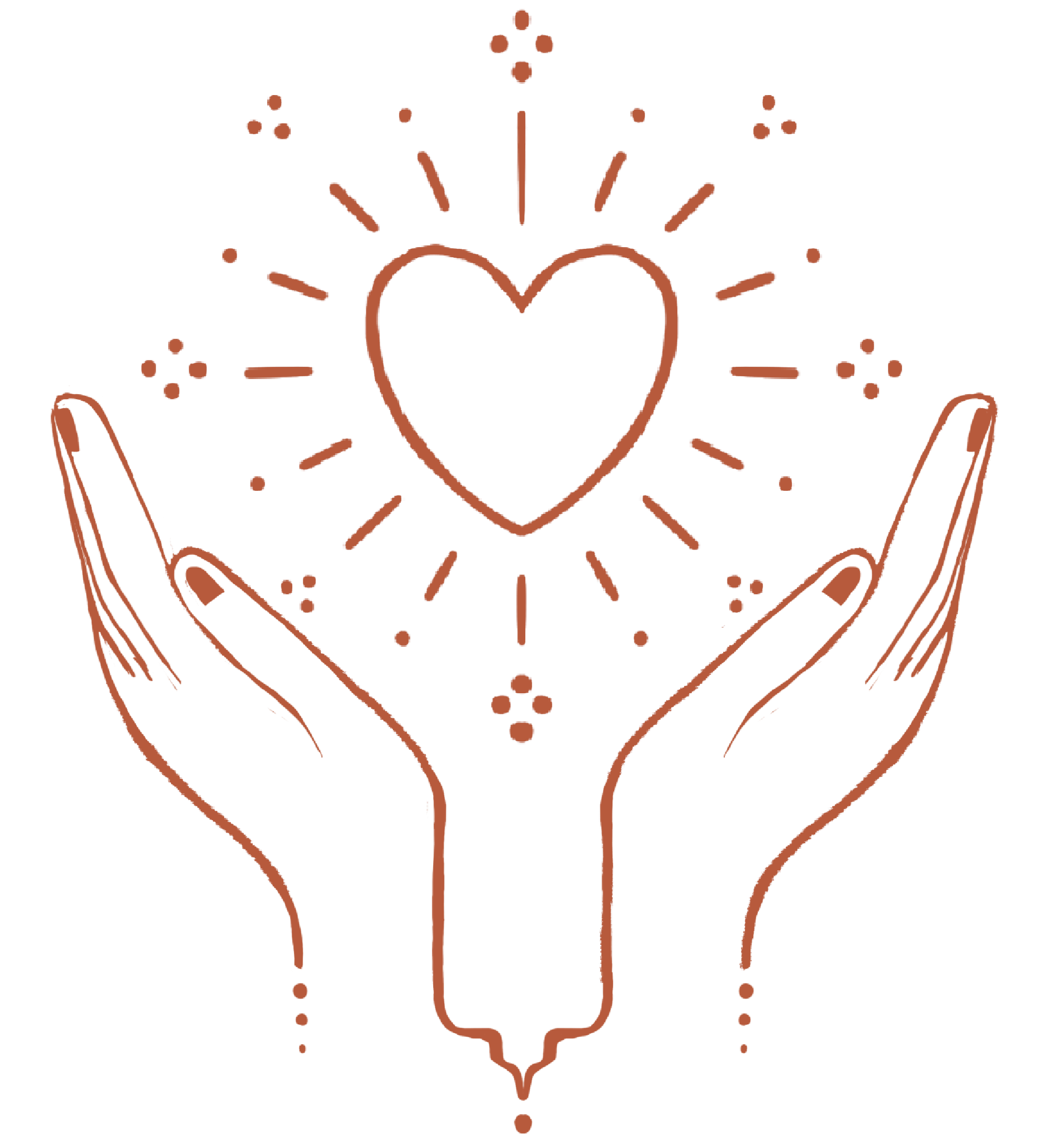 Two hands holding a heart with radiating lines and dots around it.