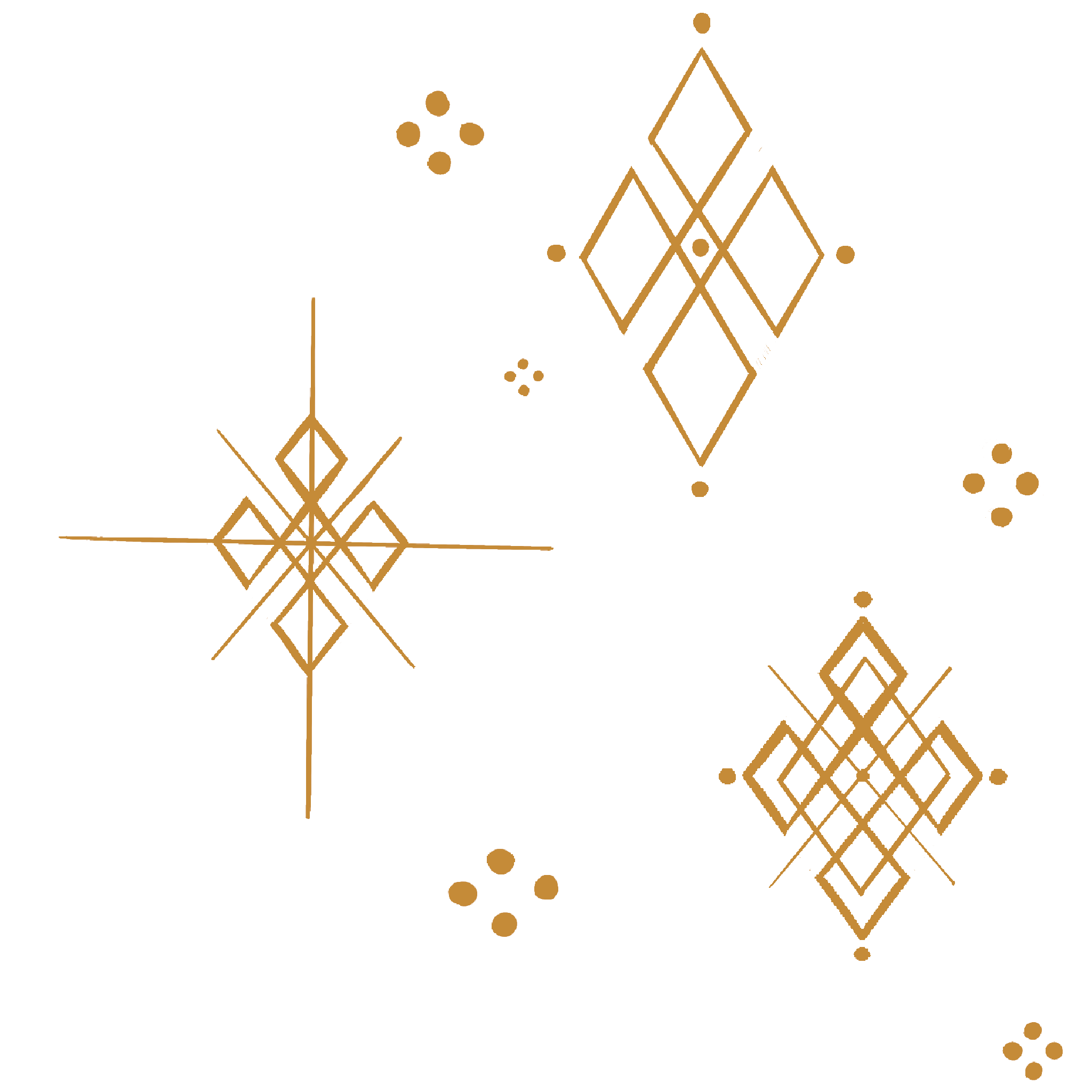 Decorative geometric gold line patterns on a black background, resembling abstract ornaments or icons.