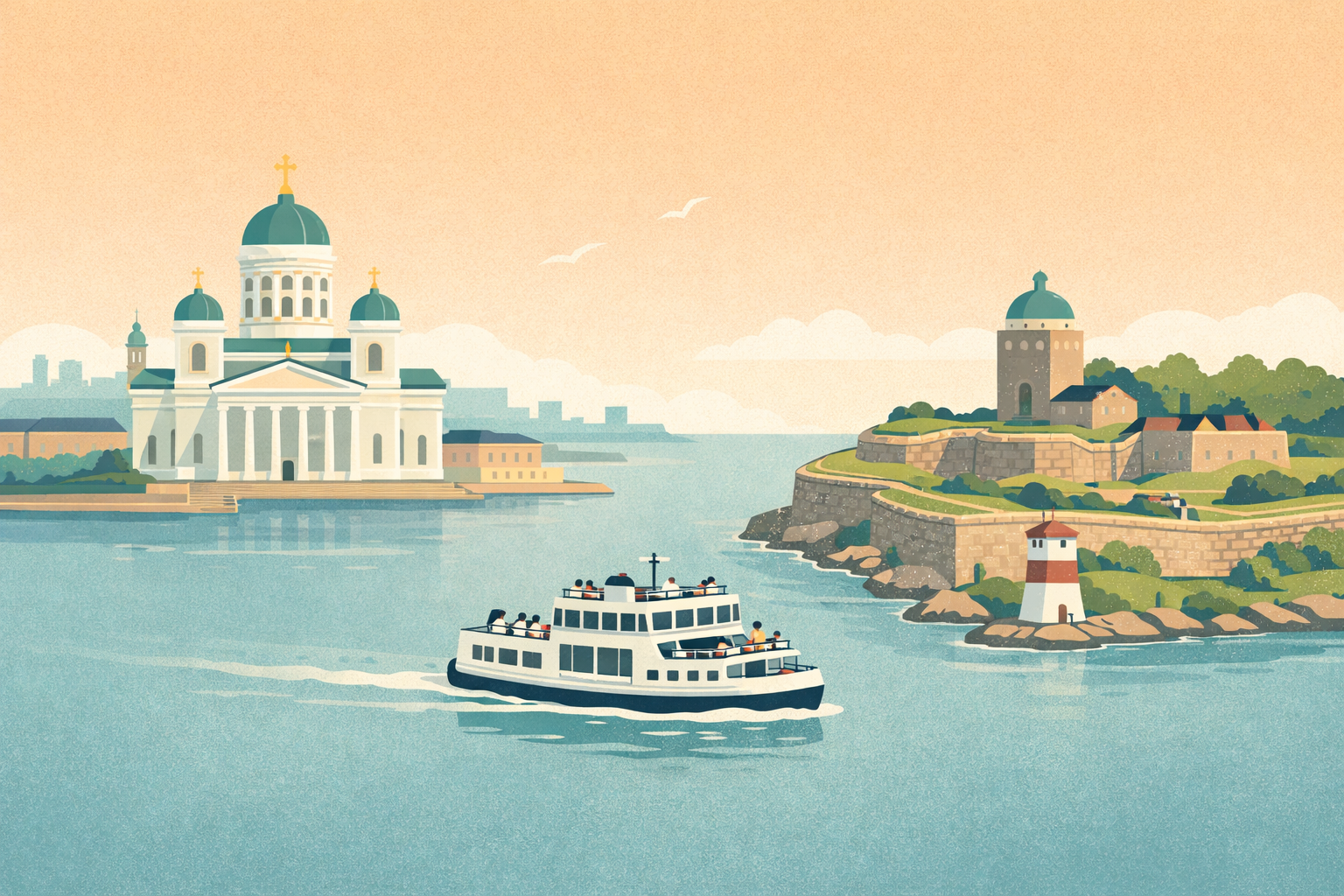 A scenic illustration of Helsinki, Finland, featuring the Uspenski Cathedral on the left, Suomenlinna Fortress on the right, and a boat sailing on the water in the foreground, with a soft pastel sky and seagulls flying.