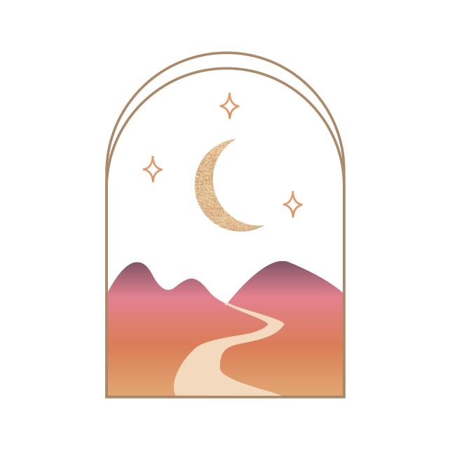 Illustration of a mountainous landscape at dusk with a winding path, a crescent moon, and stars in the sky, framed by an arched window with gold borders.