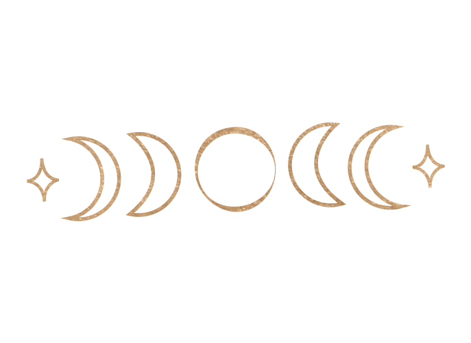 Gold moon phase symbols and stars on black background.