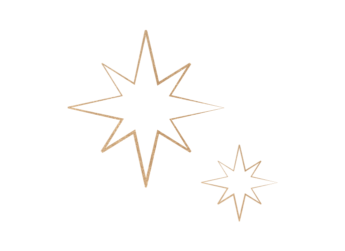 Two outlined star shapes with multiple points, one larger and one smaller, on a black background.