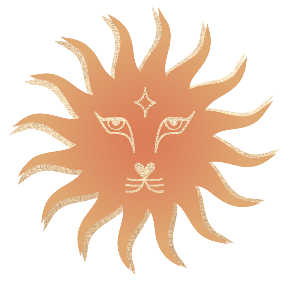 Stylized illustration of a lion's face with a celestial theme, featuring star-shaped and heart-shaped details.