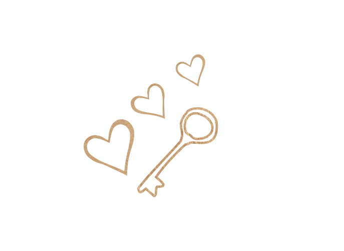 A brown outline of a key with three hearts surrounding it on a black background.