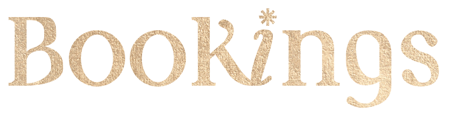 Text that reads 'Bookings' with a decorative font and an asterisk above the 'i'.