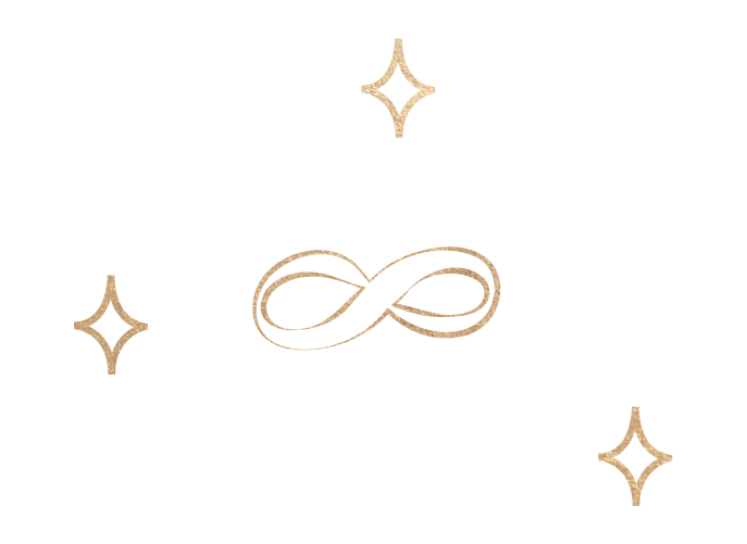 Black background with a gold infinity symbol in the center and four gold star-like sparkles surrounding it.