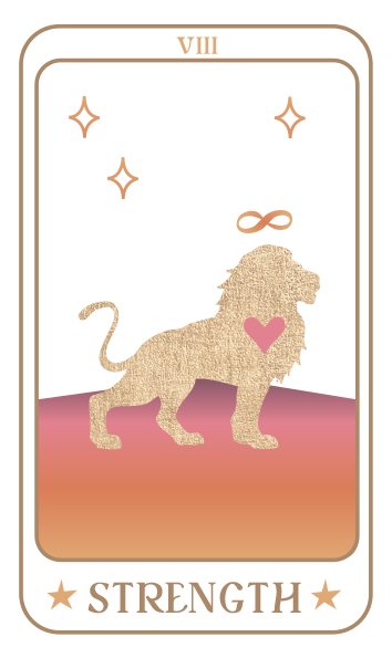 Tarot card depicting a lion with a pink heart on its chest, four stars, and the infinity symbol above its head, labeled 'Strength' and numbered VIII.