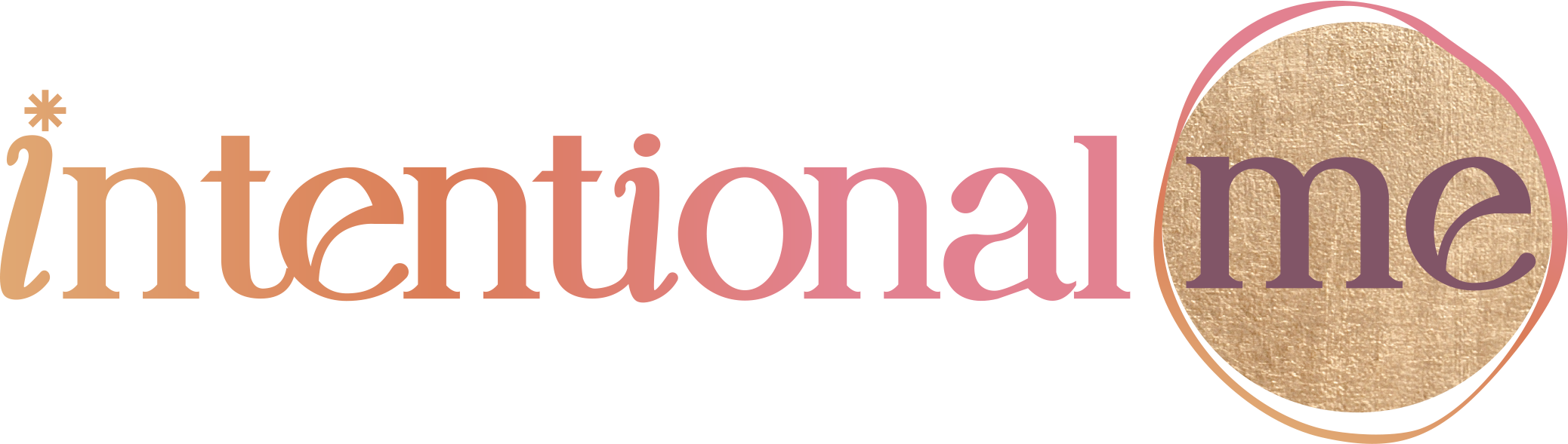 A pink background with a gold textured circle and the word 'me' in purple letters inside the circle.