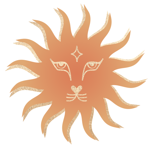 Stylized illustration of a lion's face with a star on its forehead, outlined in gold with a transparent background.