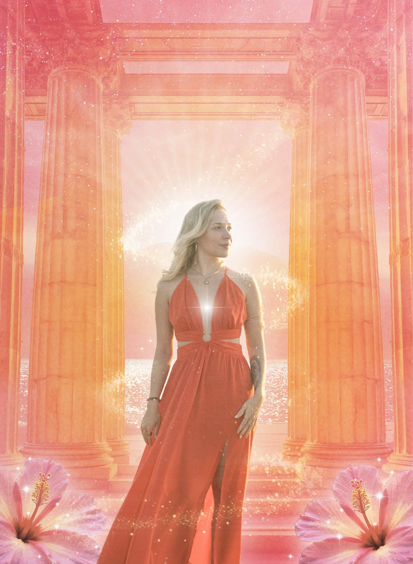 A woman in a red dress standing in front of ancient columns with a pink and peach sky background, surrounded by floating sparkles and hibiscus flowers at the bottom.