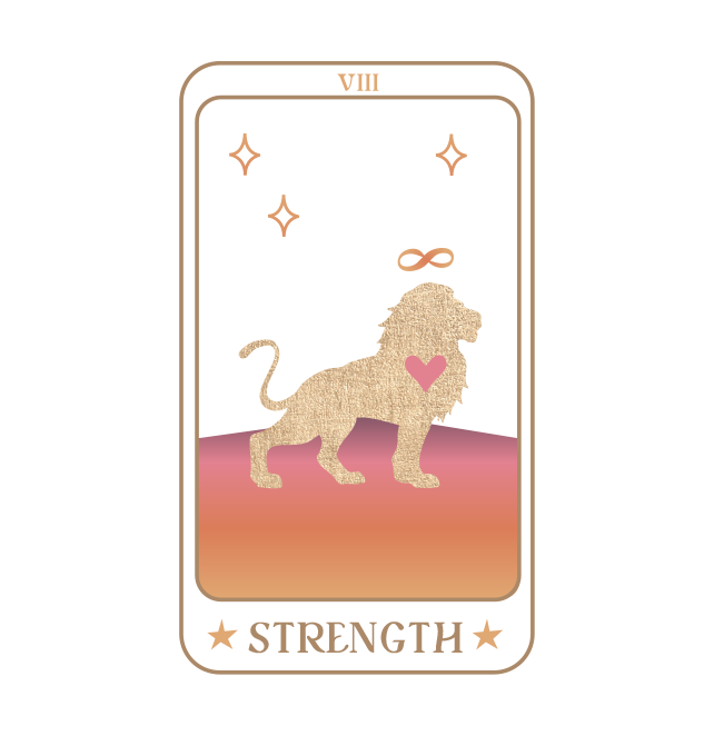 A tarot card titled 'Strength' with the Roman numeral VIII at the top. It features a golden lion with a pink heart on its chest and an infinity symbol above its head. The background has a black space with small stars and a gradient floor transitioning from pink to peach.