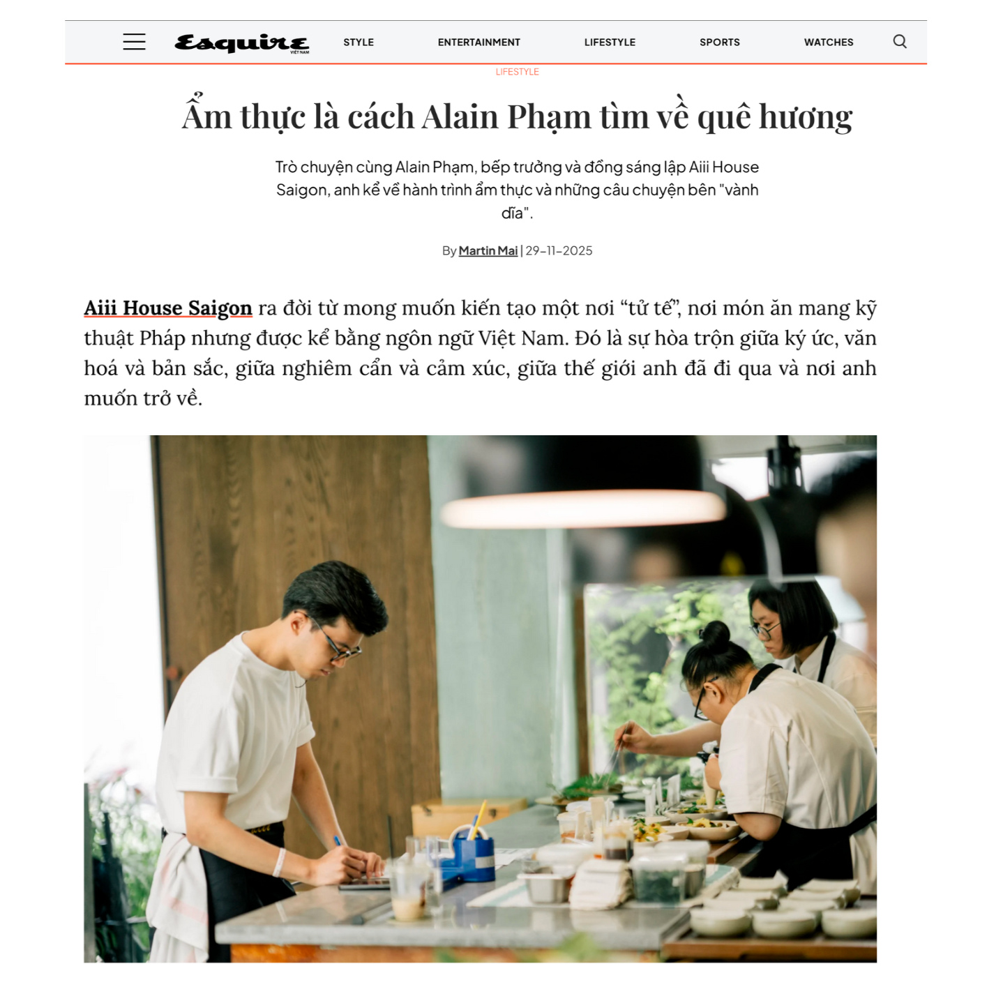 Esquire Vietnam – “Ẩm thực là cách Alain Phạm tìm về quê hương” (2025) - Lifestyle feature exploring Chef Alain’s journey between France and Vietnam, and how he uses food as a way to reconnect with home.