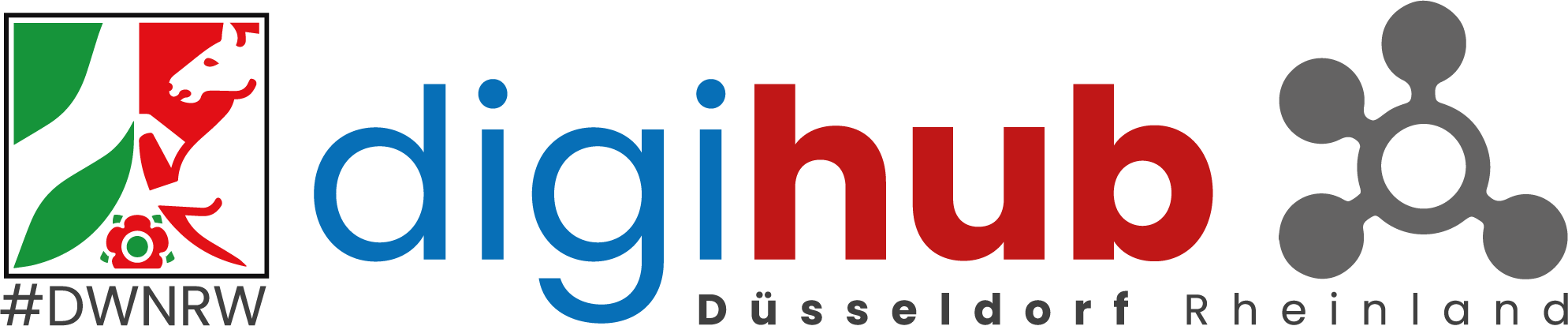 The Digihub logo featuring a colorful abstract graphic, the word 'digihub' in blue and red, and the hashtag #DWNRW and location Düsseldorf, Rheinland, Germany.