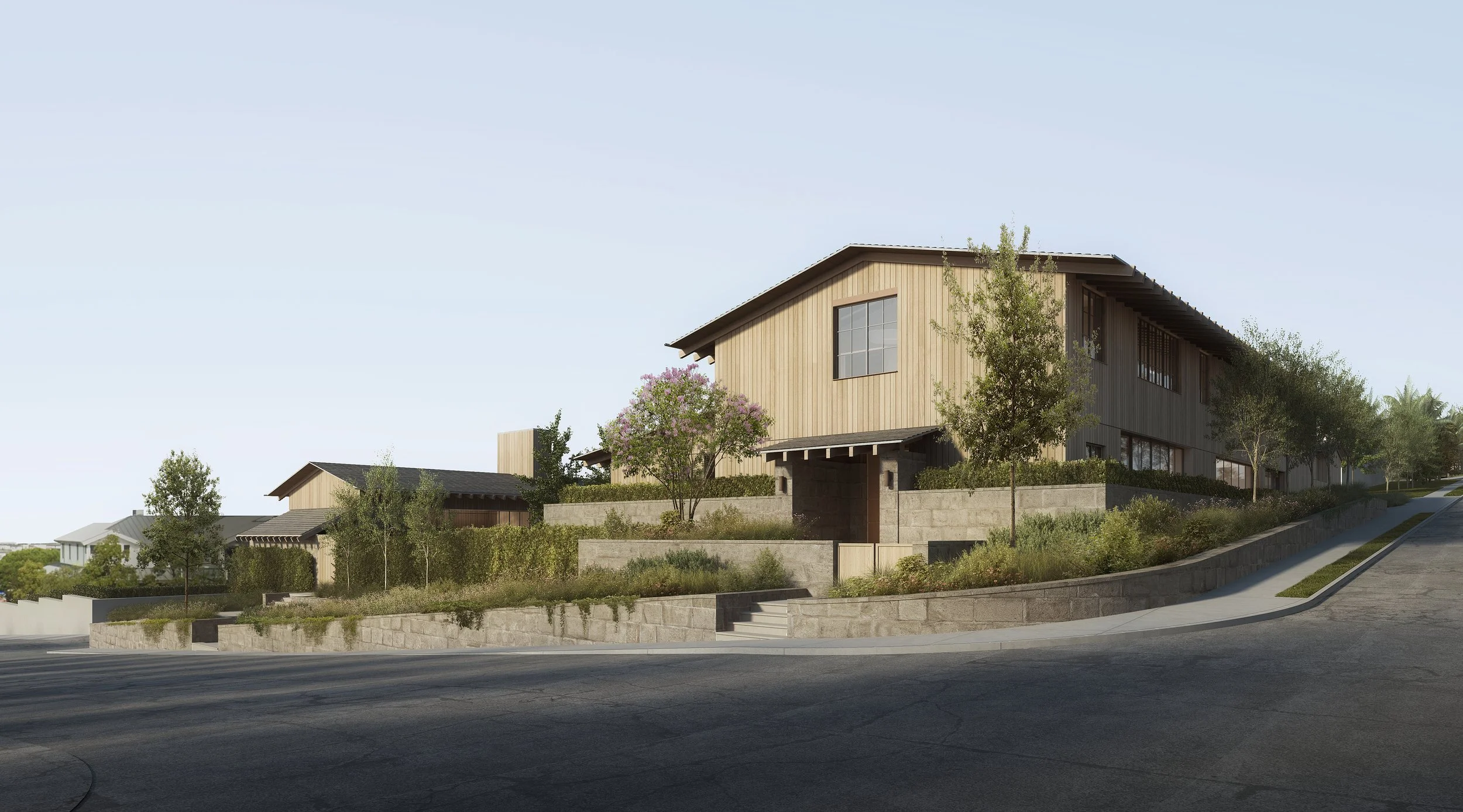 The timber-clad concept featured exposed rafters and warm tones that blended naturally into the hillside landscape.