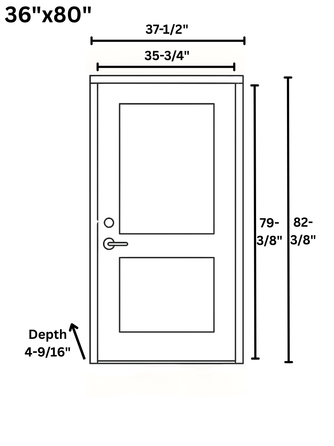 Technical drawing of a door with detailed measurements, illustrating width, height, and depth in inches.