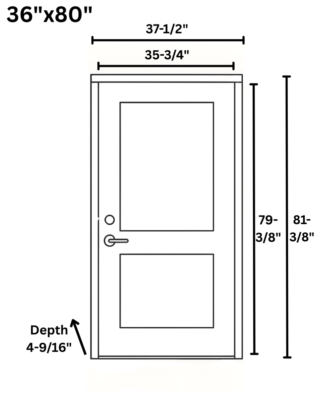 Diagram of a door with detailed measurements including height, width, and depths, labeled with dimensions in inches.