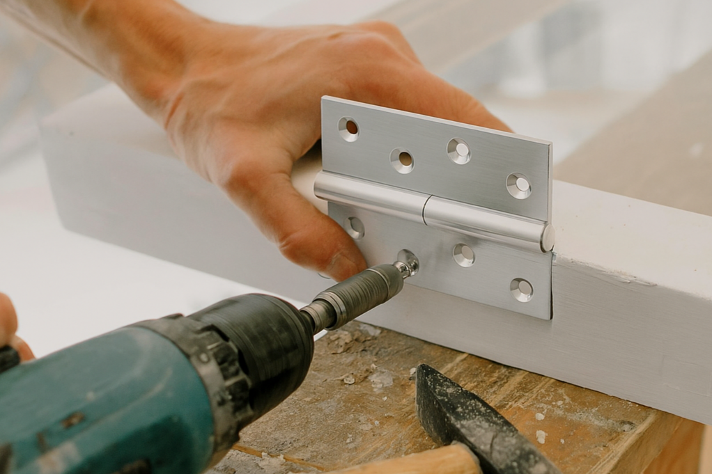 Person installing a metal hinge onto a door