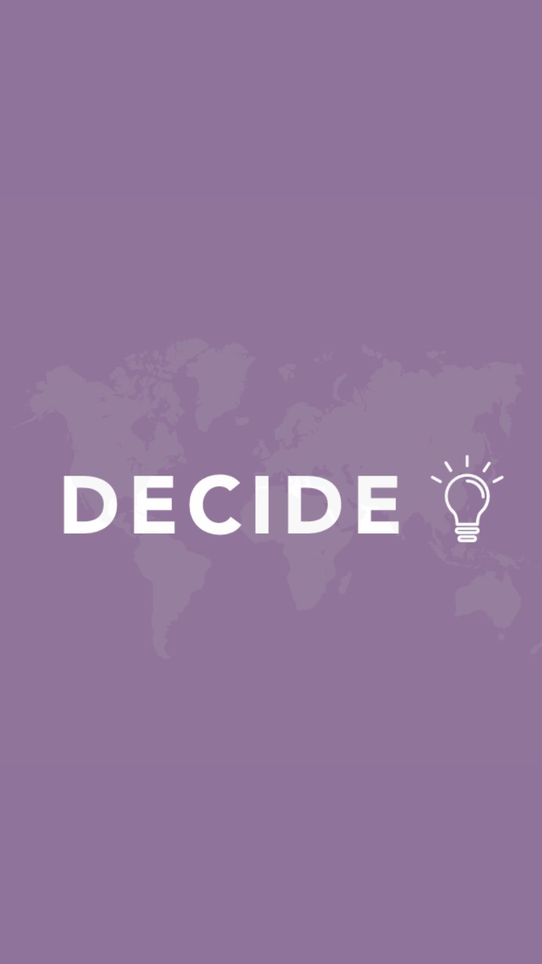 Purple background with a world map silhouette and the word "DECIDE" in white, accompanied by a light bulb icon.