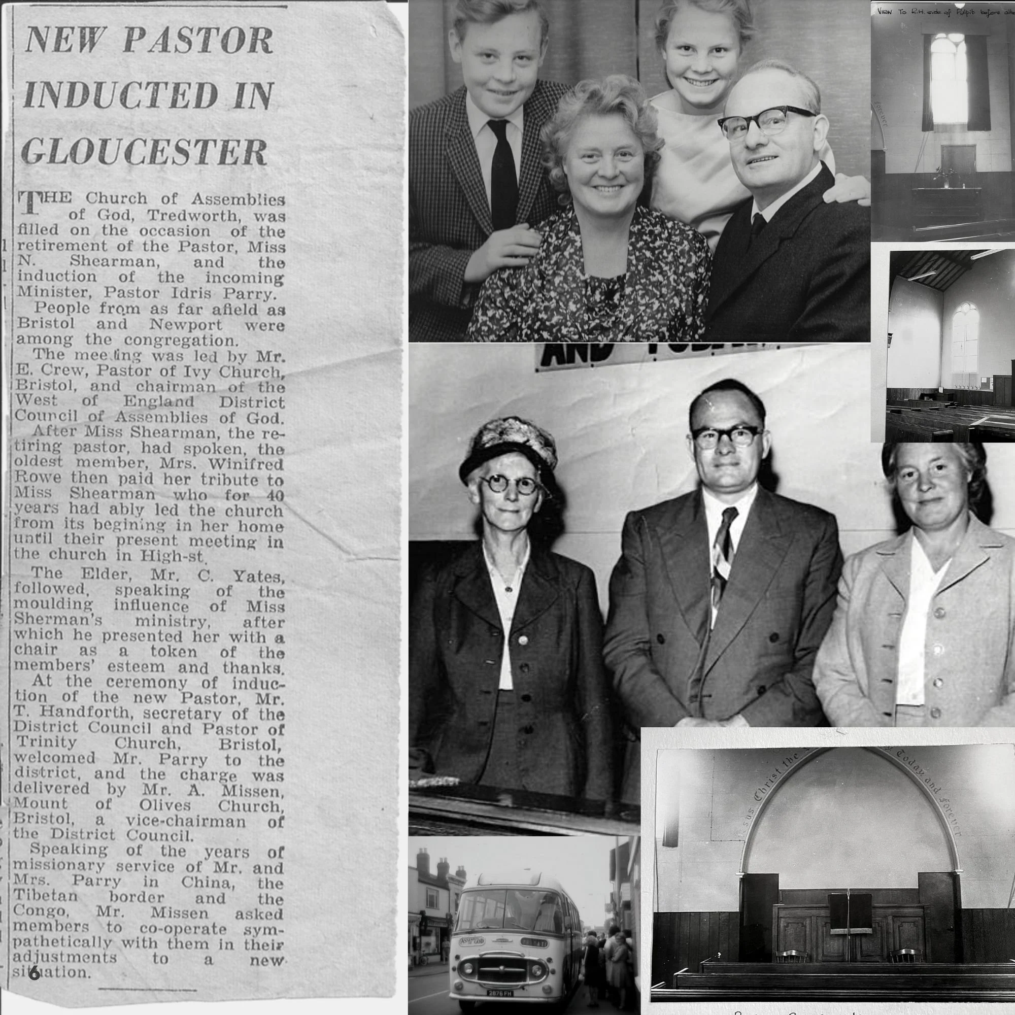 Black and white photos of a church induction ceremony, including a newspaper clipping announcing a new pastor, two group photos of church officials and families, pictures of church interior and a bus.
