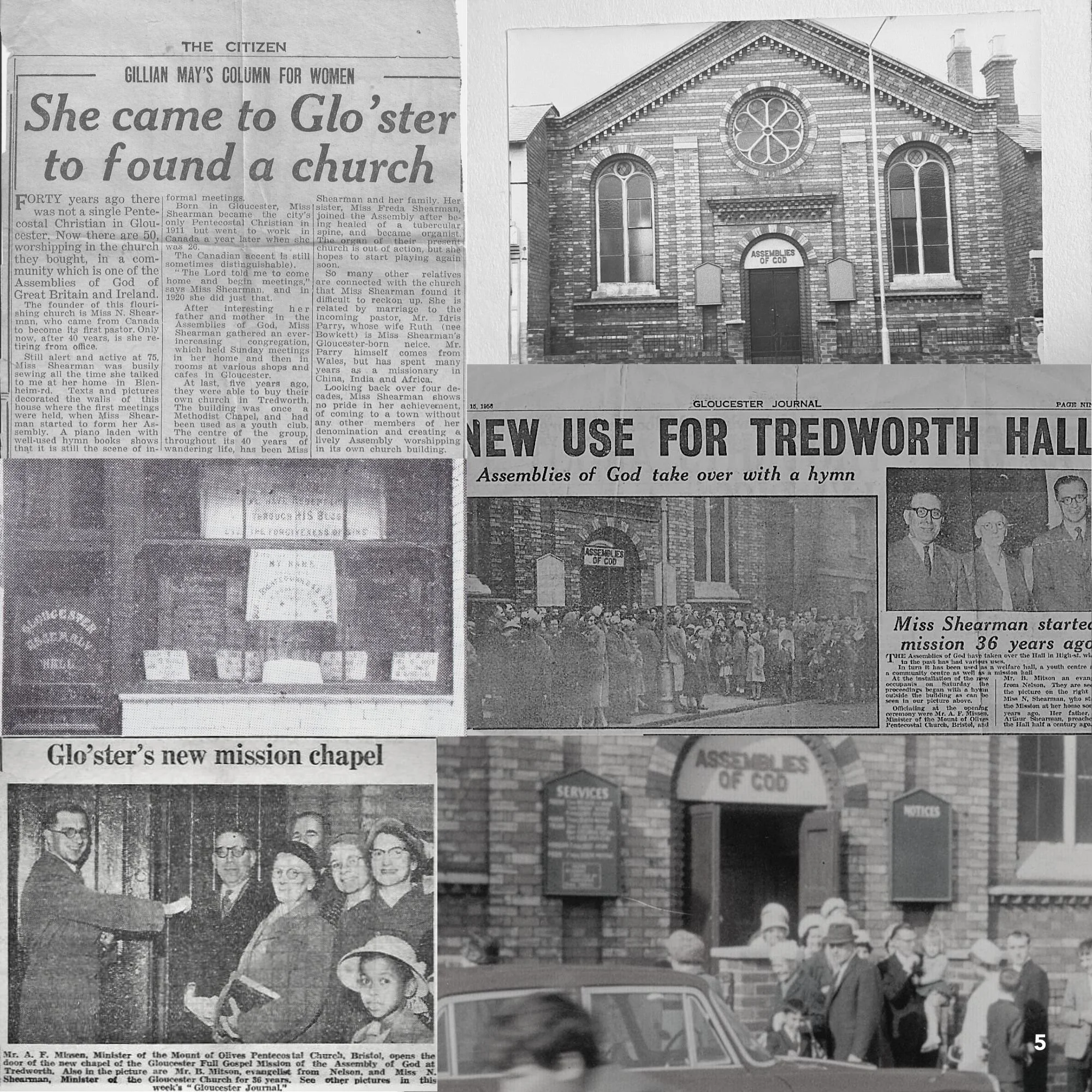 Black and white collage of newspaper clippings about the church in Gloucester, featuring photos of the church, a crowd outside, and a group of people including Minister Mr. A. F. Milson at the church's new mission chapel.