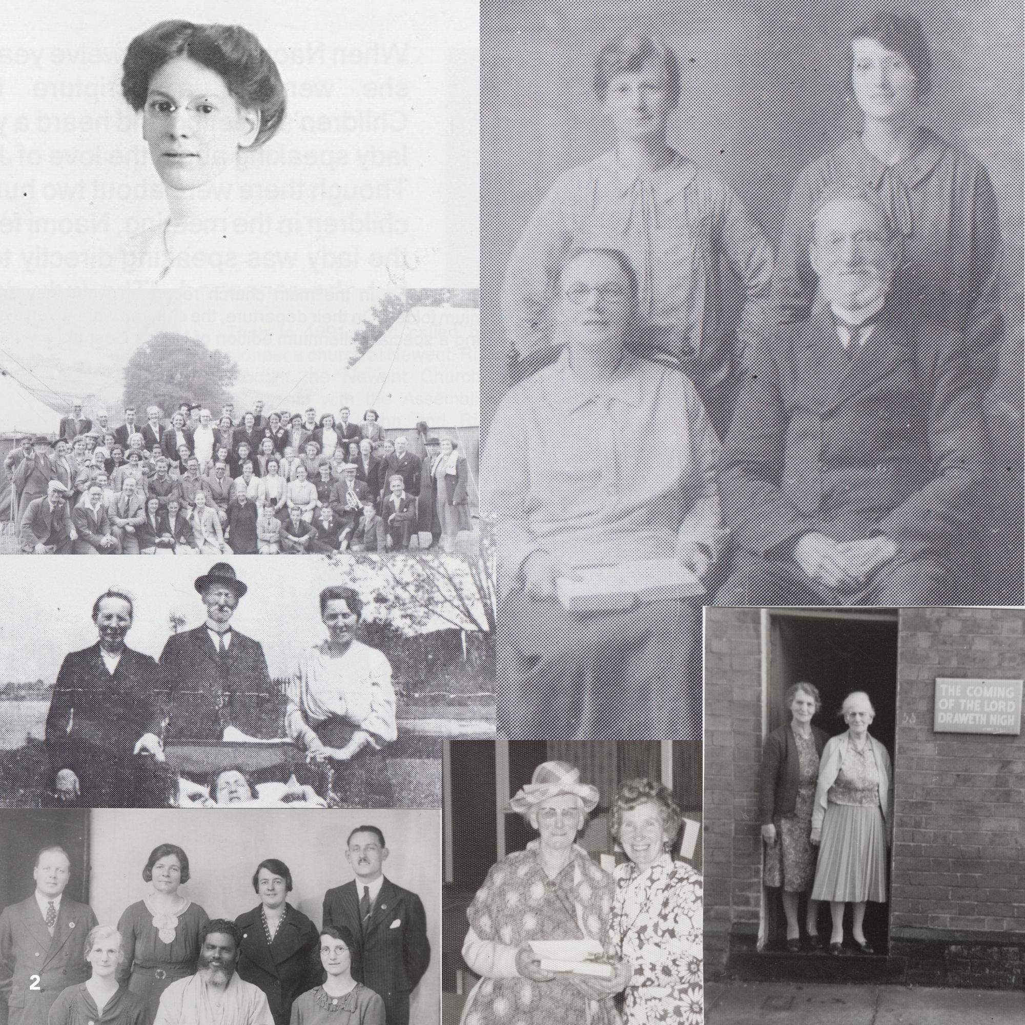 Collection of black-and-white photographs featuring groups of women, children, and families, with a sign reading 'The Coming of the Lord Draweth Nigh' in front of a brick building.