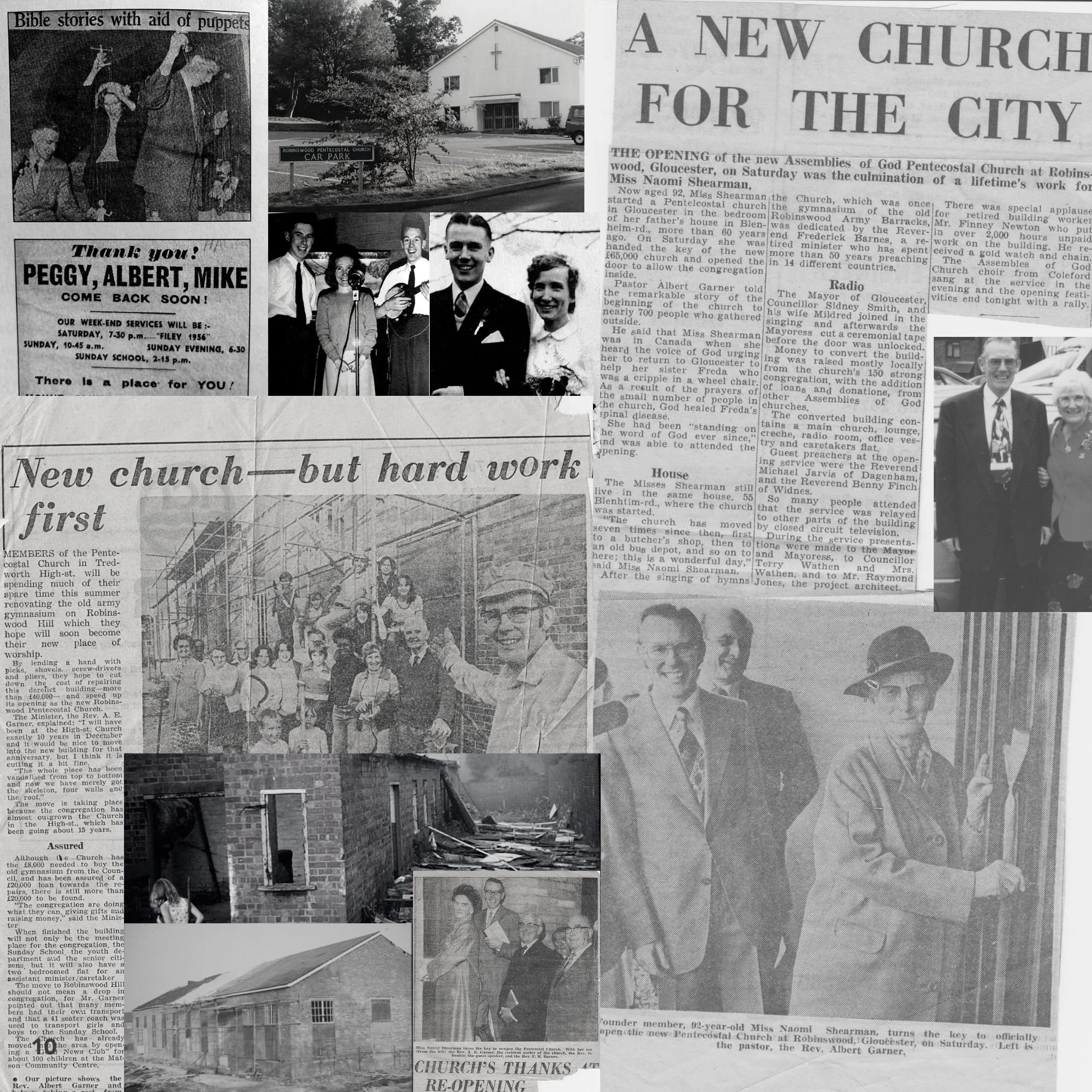 A collage of black-and-white newspaper articles and photographs related to the opening of a new Pentecostal church at Robbinswood, Gloucester. Includes a photo of a church building, a group of people celebrating, a man pointing at a construction site, and a man turning a key to open the church.