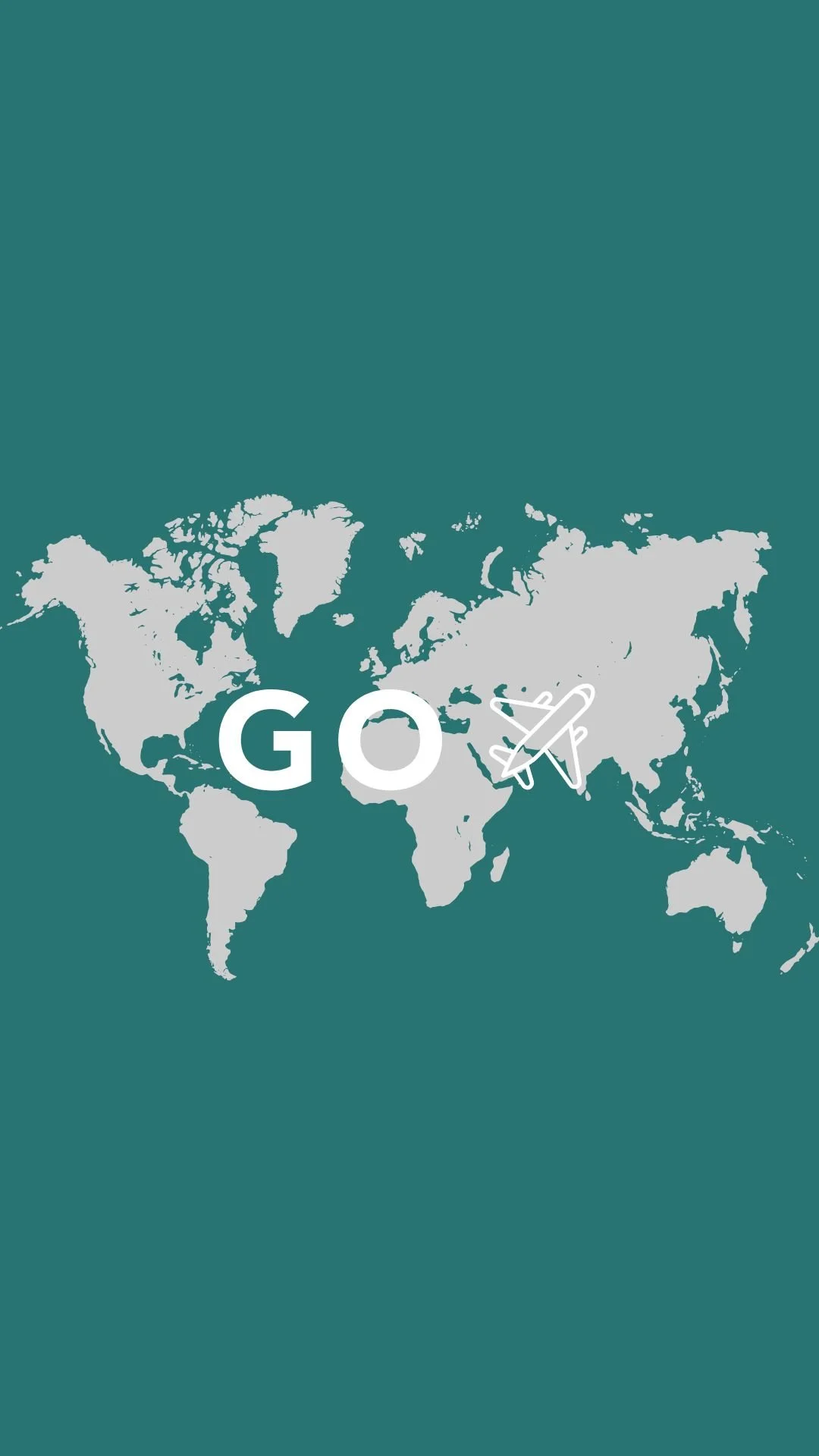 A world map with the word 'GO' and an airplane icon over the Middle East, indicating travel or a flight destination.