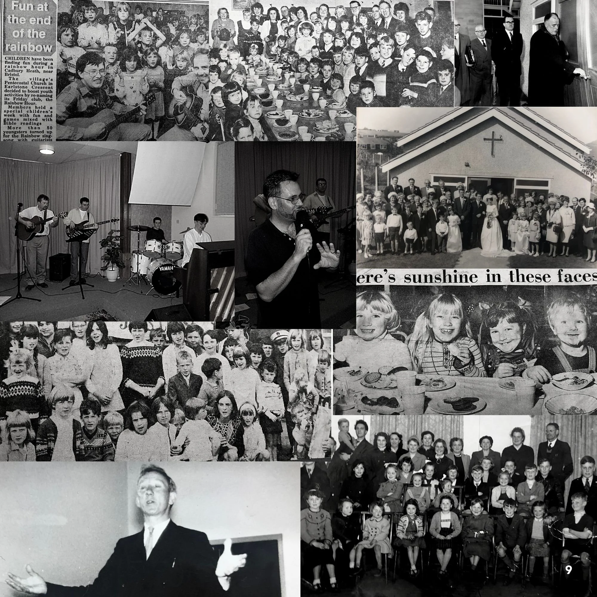 A collage of black and white photographs showing various scenes of children and community events. Includes children gathered for a meal, children and adults at a church event, a band performing, a man speaking or singing, a large group portrait of children, children smiling at a breakfast table, and a group of adults and children posing together.