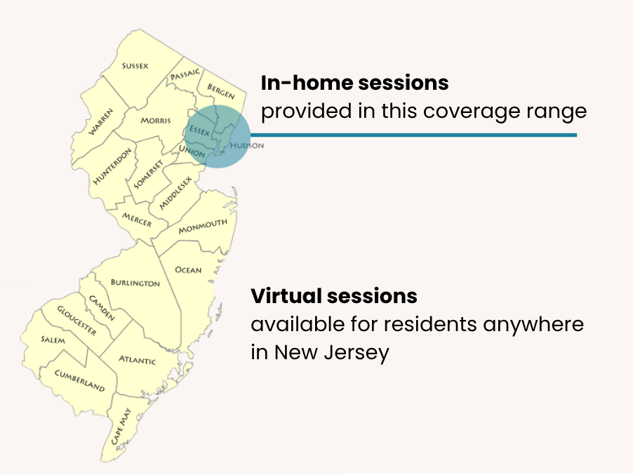 New Jersey county map with a circle covering parts of Hudson, Essex, Union, Passaic, and Bergen counties. Text on photo reads: "In-home sessions provided in this coverage range" "Virtual sessions available for residents anywhere in New Jersey"