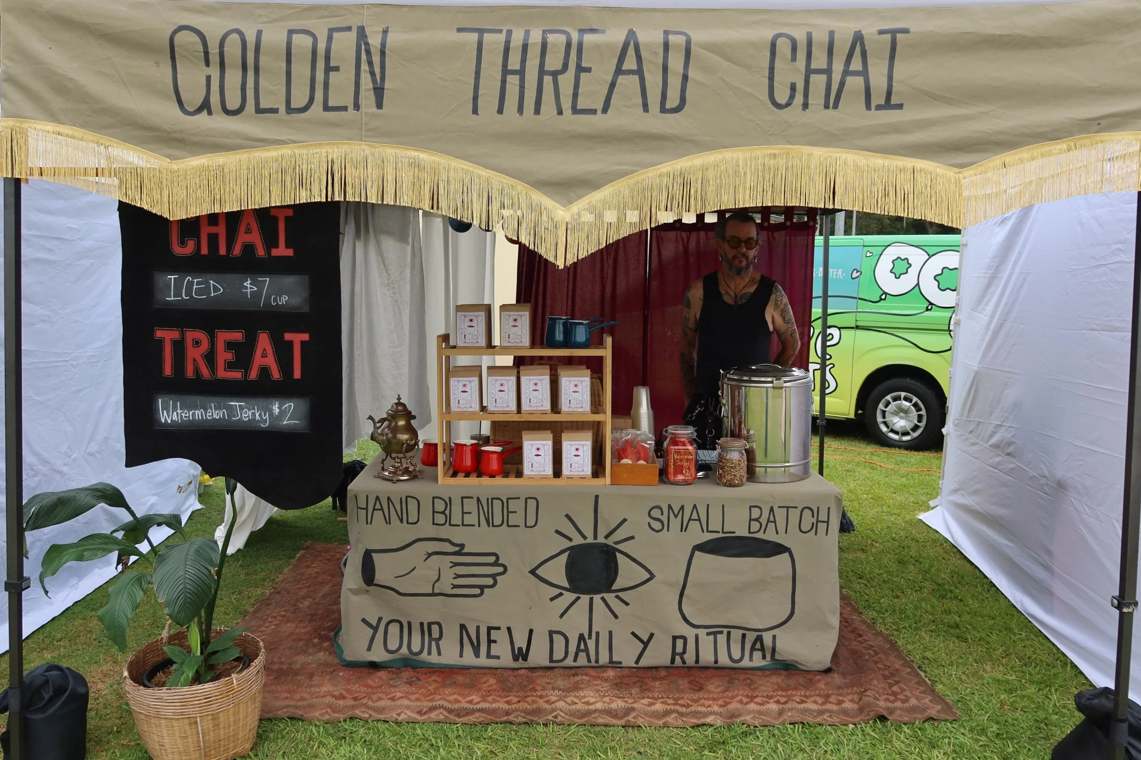 Golden Thread Chai market stall — hand-built from reclaimed materials, Newcastle NSW