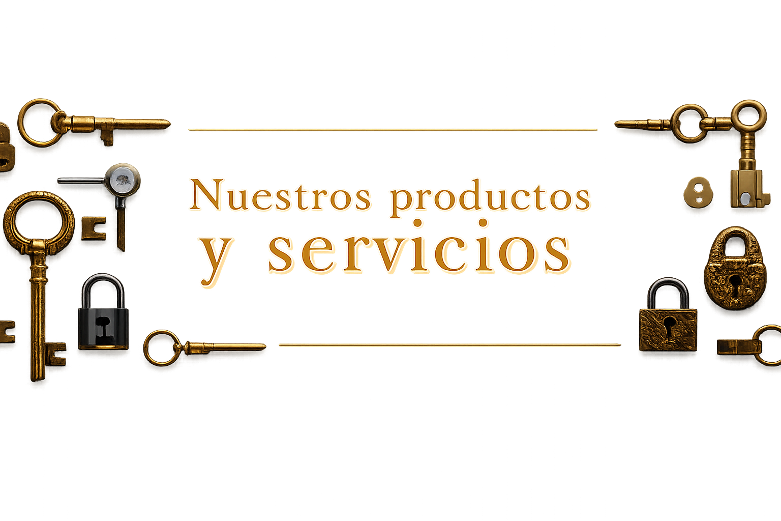 Texto en un cartel que dice 'Nuestros productos y servicios' rodeado de llaves y candados en diferentes colores y estilos.