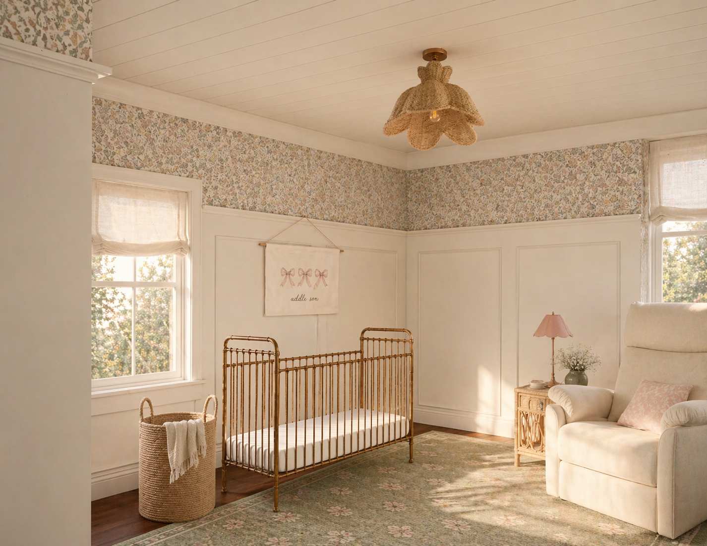 This space was transformed into a cozy nursery with white and gold accents, including a gold crib and floral wallpaper, making it the perfect space for this little girl to grow in.