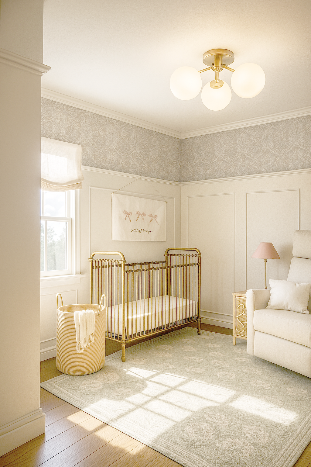 This space was transformed into a cozy nursery with white and gold accents, including a gold crib and floral wallpaper, making it the perfect space for this little girl to grow in.