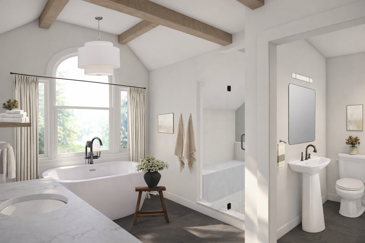 A view from our Cove Bathroom during the design process showing the fixtures and finishes.